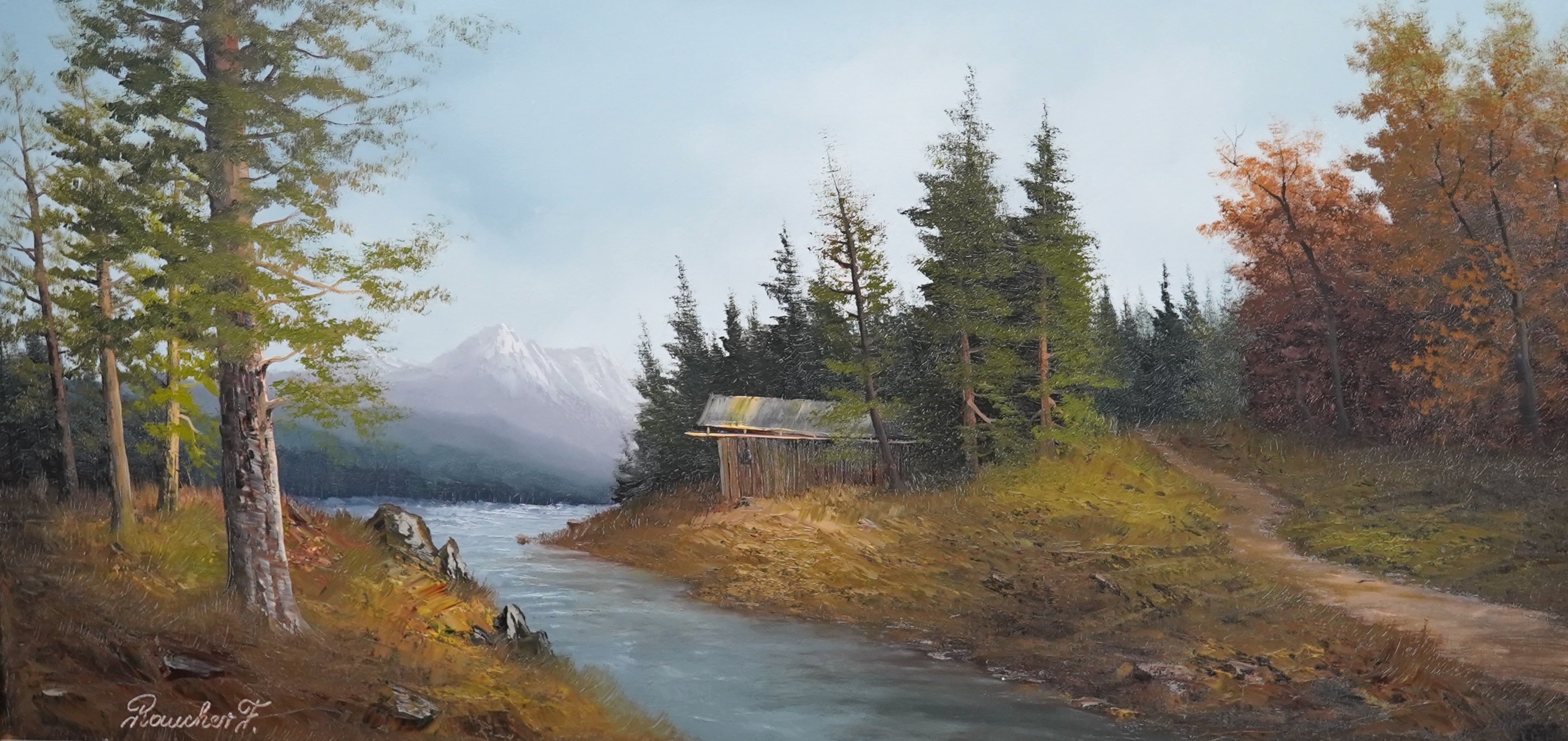 Contemporary oil on canvas, Alpine scene with river and chalet, indistinctly signed, 39 x 80cm, gilt frame. Condition - good